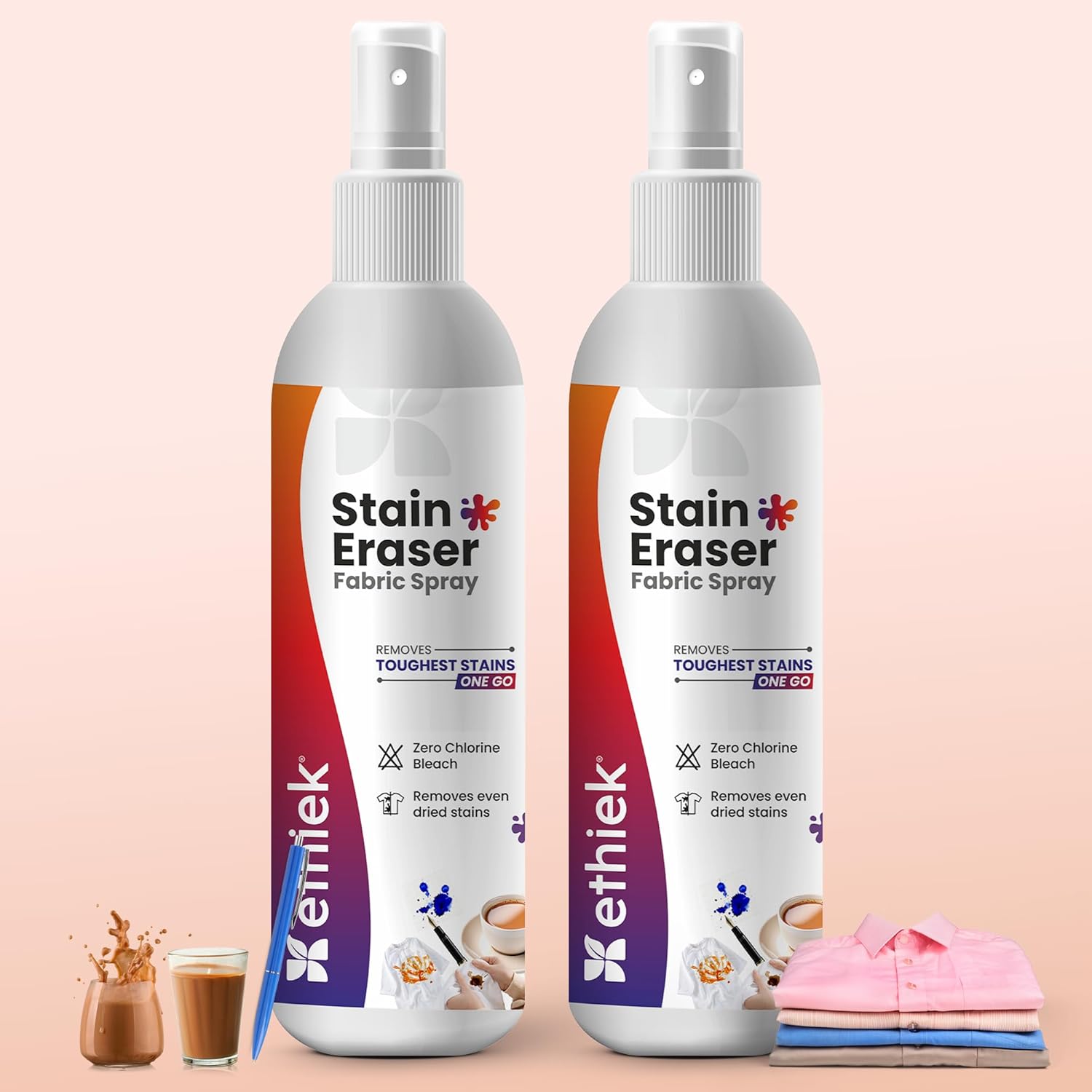 Ethiek Fabric Stain Eraser Spray | Tough Stain Remover for Clothes | Removes Food, Oil, Ink & Coffee Stains | Colour-Safe Formula, 75 mlX2 (Pack of 2)